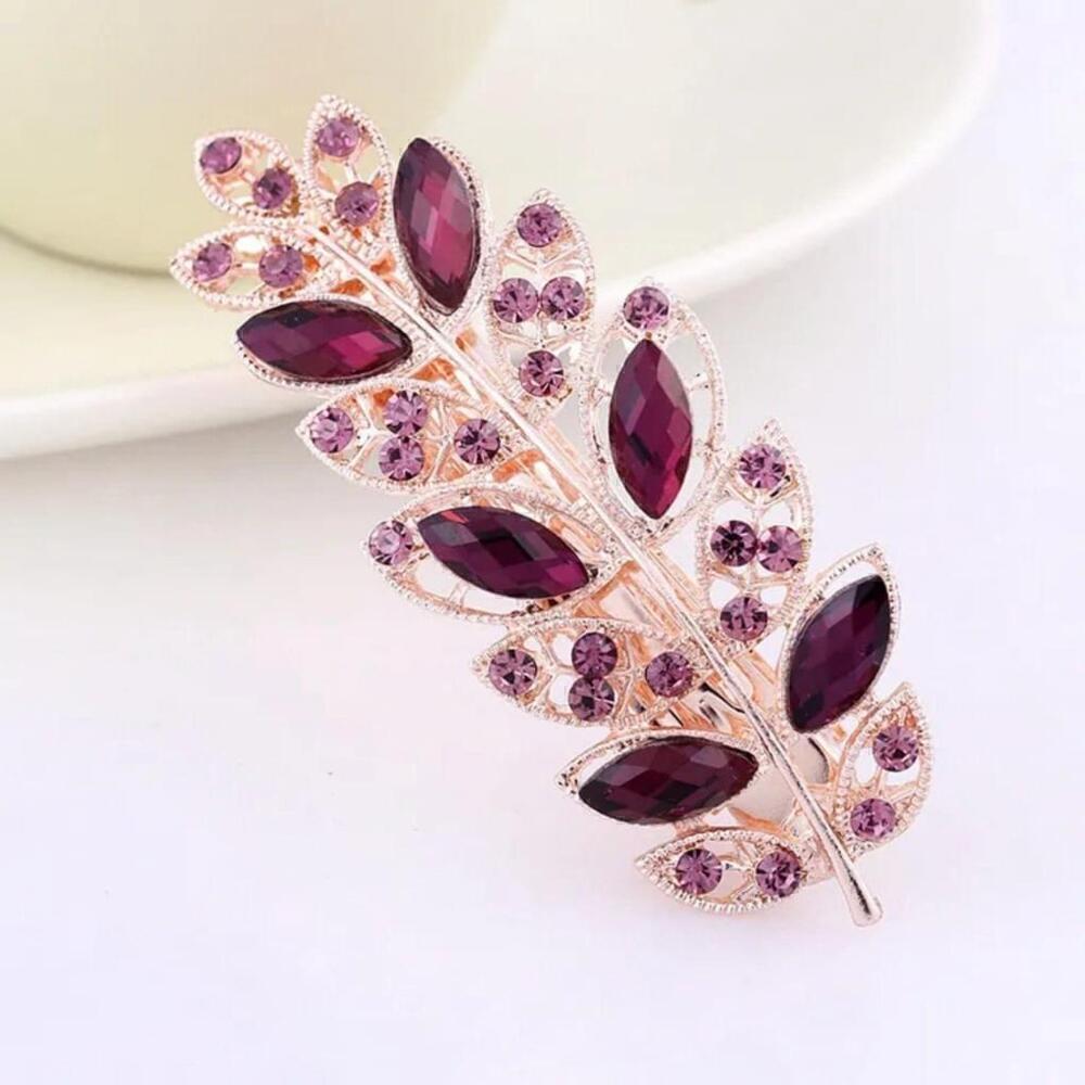 Rhinestone Leaf Hair Clip In Purple